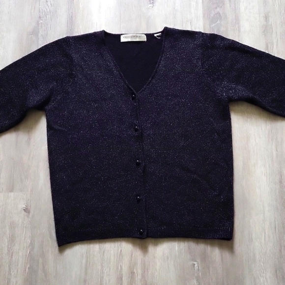 V- Neck Sparkle Black Button Down Sweater by Amanda Smith (Large) - Picture 5 of 10
